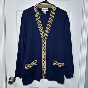 Cathy Daniels Cardigan Sweater Women's Large Blue Geometric Trim Button Front